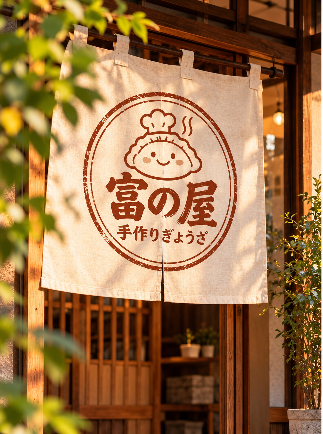 富の屋の暖簾をイメージした、温かな店先の風景